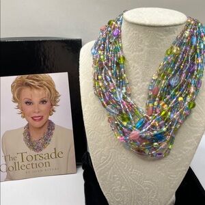 Vintage Joan Rivers Glass Gold Tone Pastel Tone 12 Multistrand Beaded Necklace